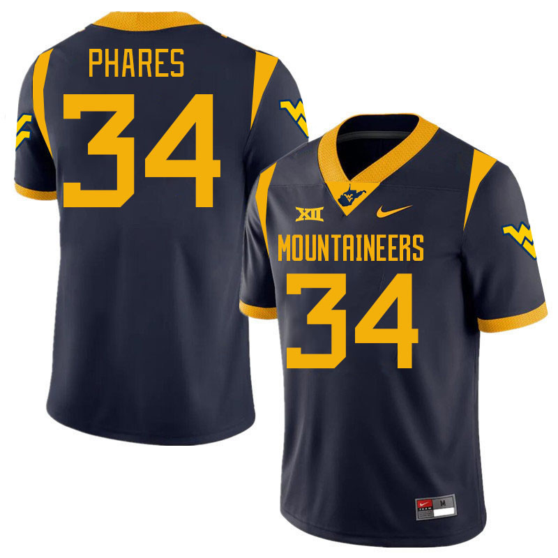 #34 Andrew Phares West Virginia Mountaineers College 2024 New Uniforms Football Jerseys Stitched Sale-Navy